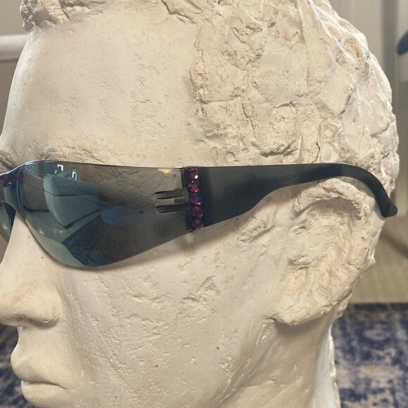 Purple Swarovski Crystals on Gold and Blue Mirror Sunglasses - Unique - unisex - Picture 10 of 13